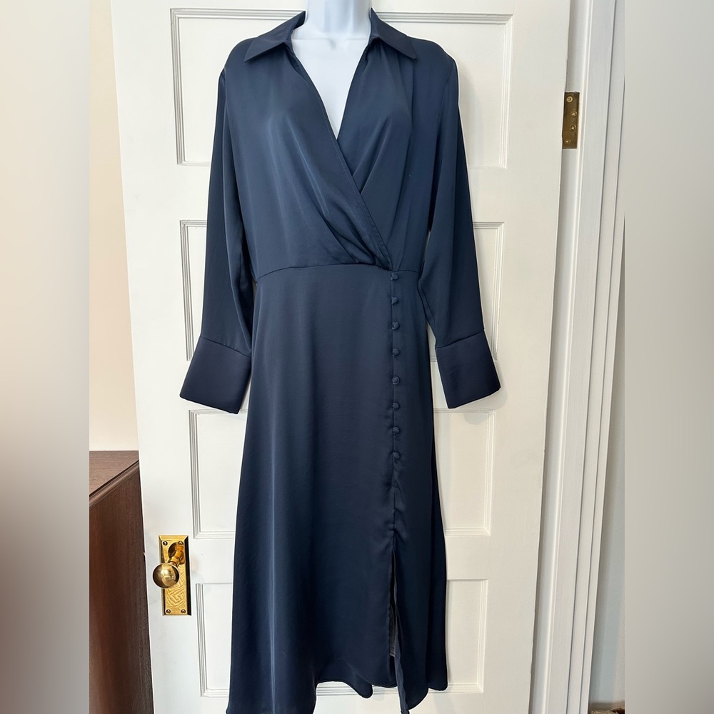 Zara Midnight Blue Silky Long Sleeve Dress Sz M